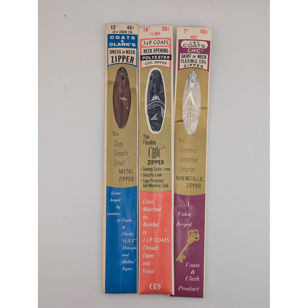 Vintage Neckline Zipper Lot 3 J & P Coats Coat & Clark Mixed‎ Color Length NOS